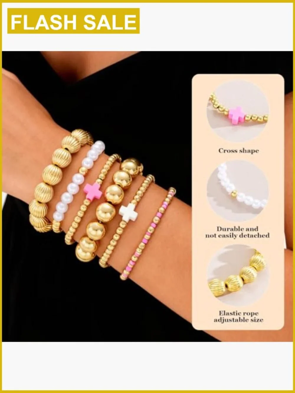 Gold Cross Beaded Bracelet Stack Set Adjustable Stretch Faith Jewelry Set